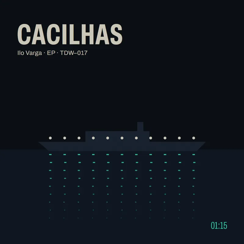 The late ferry at night: a dark hull with a row of white deck lights, their reflections in green dashes on black water. CACILHAS in tall cream letters.