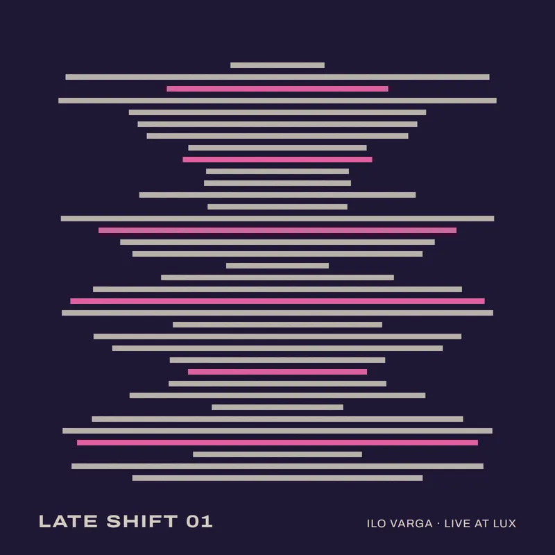 A tall stack of pink and cream horizontal lines on deep violet, like a level meter at night, with LATE SHIFT 01 in small capitals.