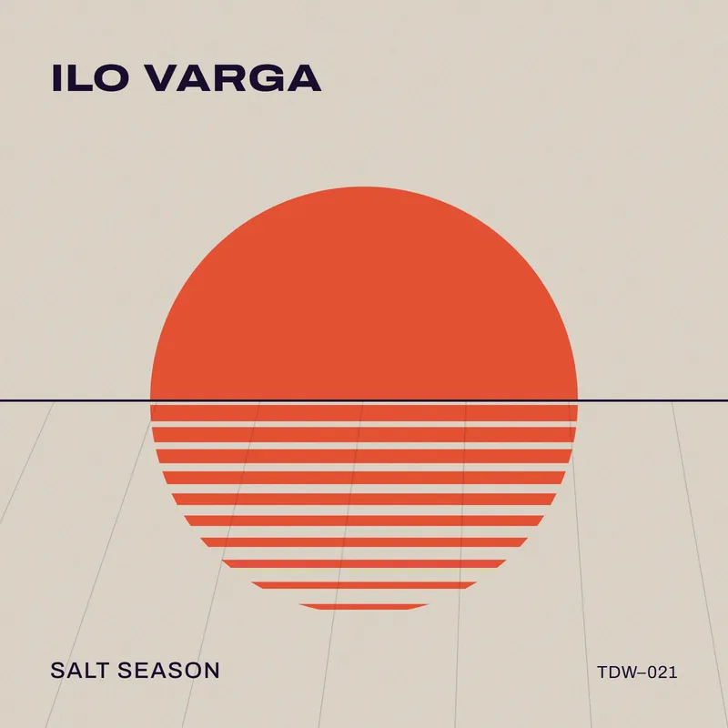 A sun the colour of the sea at dusk, cut by white bands like salt pans, on cream paper. Ilo Varga, Salt Season, TDW-021 printed in dark ink.
