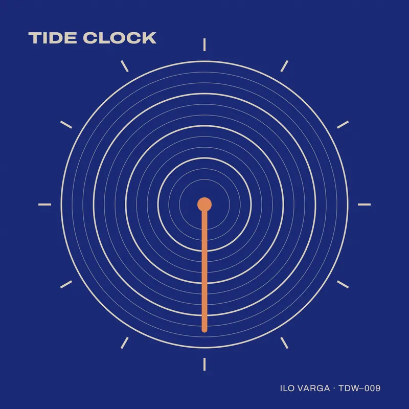 A clock face drawn as rings of a tide gauge in cream on ultramarine, with a single orange hand pointing to six.