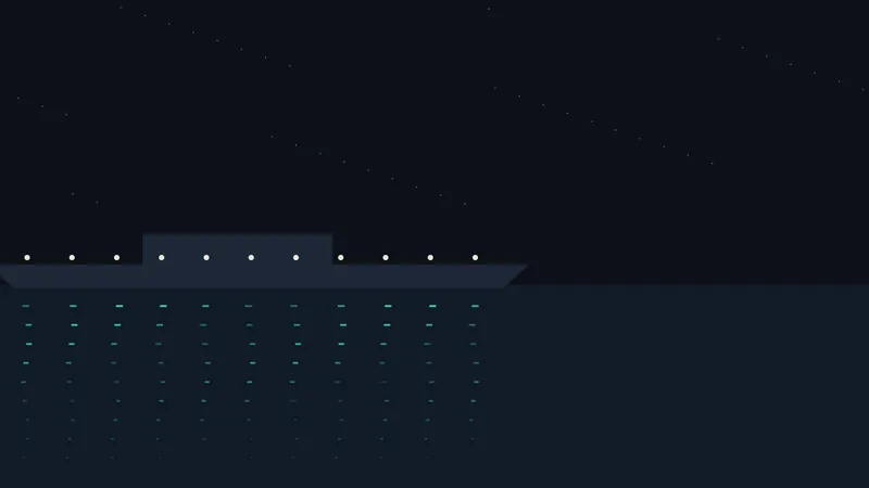 Deck lights of a night ferry reflected as green dashes on black water.